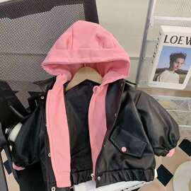 女童连帽皮衣外套春季新款儿童洋气时髦宝宝春装休闲夹克上衣