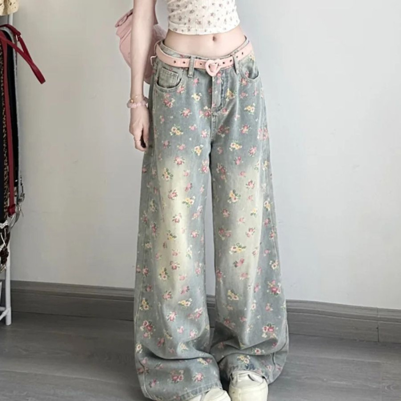 小个子美式复古碎花高腰阔腿牛仔裤女宽松显瘦直筒裤垂感拖地长裤|undefined