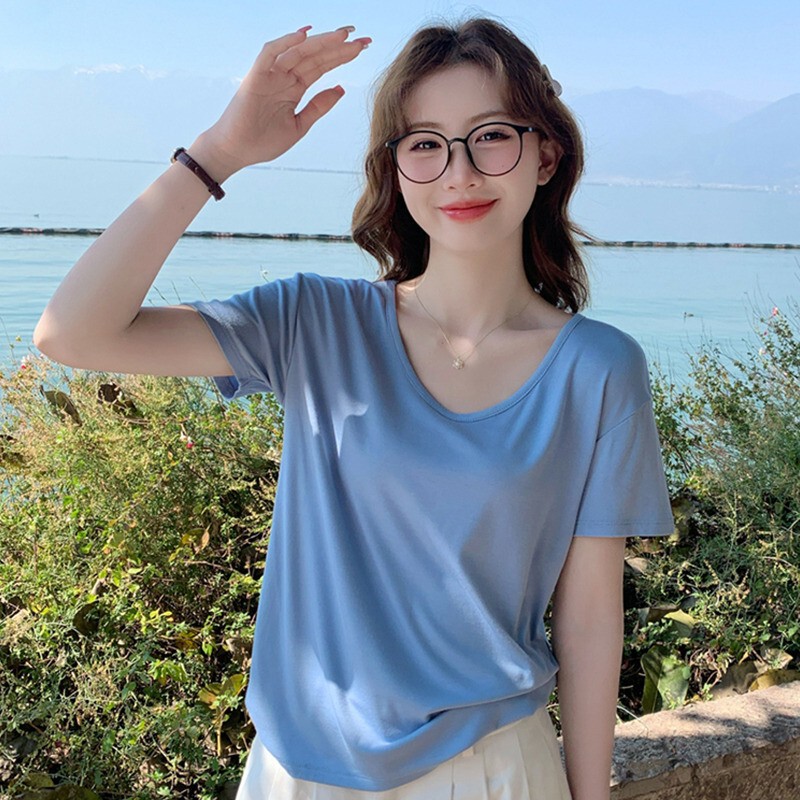 Modal Round Neck Short-Sleeved Loose T-Shirt Women's Pullover V Neck T-Shirt Top Summer Green Half-Sleeved 2026 New Style