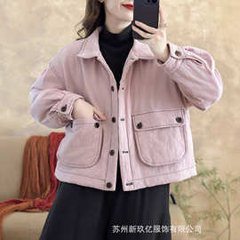 宽松大码加棉棉袄短外套女2025冬季新款宽松拼接口袋休闲保暖棉服