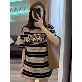 美式复古正肩字母印花短袖T恤女宽松撞色条纹慵懒上衣insMX3305