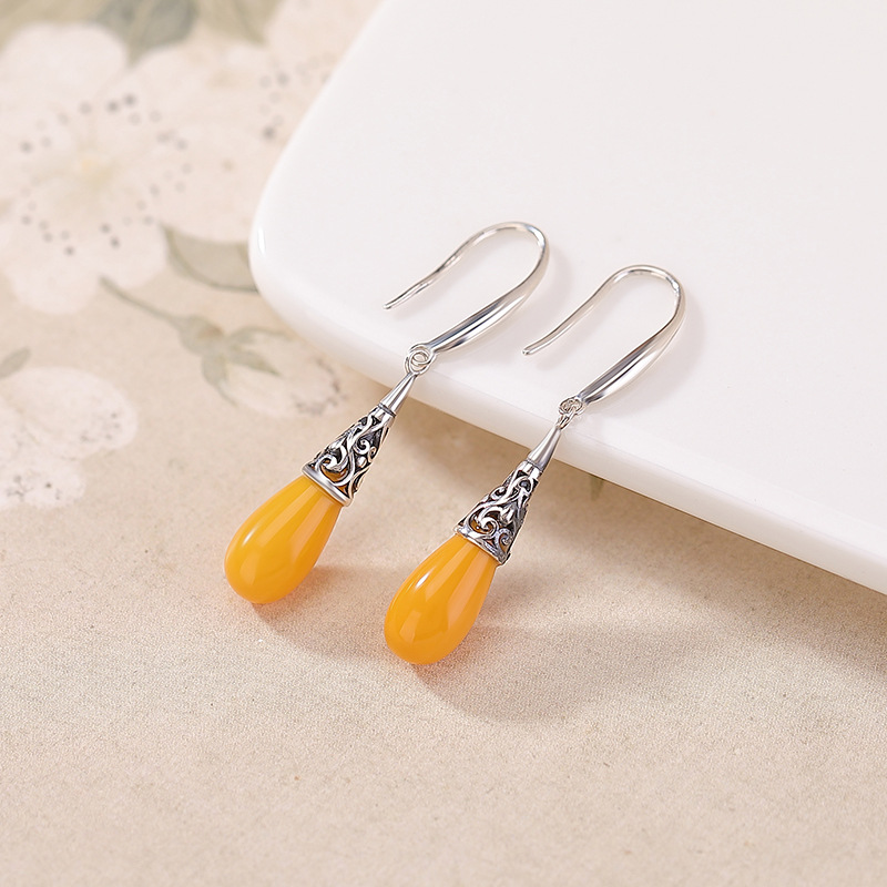 Khuyên tai nữ bạc S925 mạ vàng đính đá hổ phách hình giọt nước phong cách dân tộc — Màu bạc hổ phách