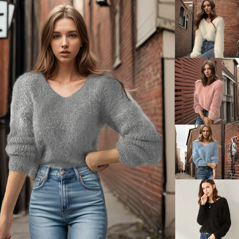Трансграничный свитер Amazon Новый свободный осенне-зимний пуловер в европейском и американском стиле с V-образным вырезом, Однотонный женский свитер, толстый свитер из искусственного норкового бархата