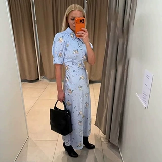 时尚印花缎面短袖连衣裙女单排扣优雅气质长裙2026跨境外贸欧美