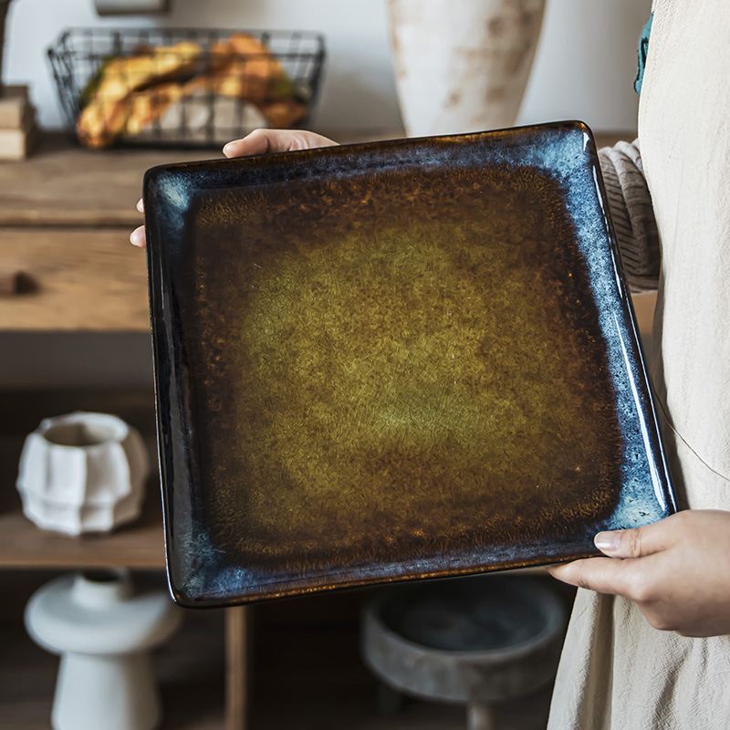 Plato de cerámica cuadrada de horno japonés, plato de sushi japonés creativo, plato de restaurante, plato de platos vintage casero