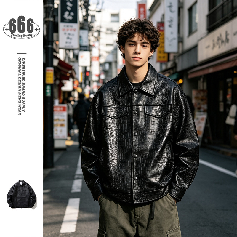 Ctsbts Trendy Cool Lapel Jacket Men's Loose Pu Leather Jacket Retro Motorcycle Imitation Crocodile Leather Jacket J70