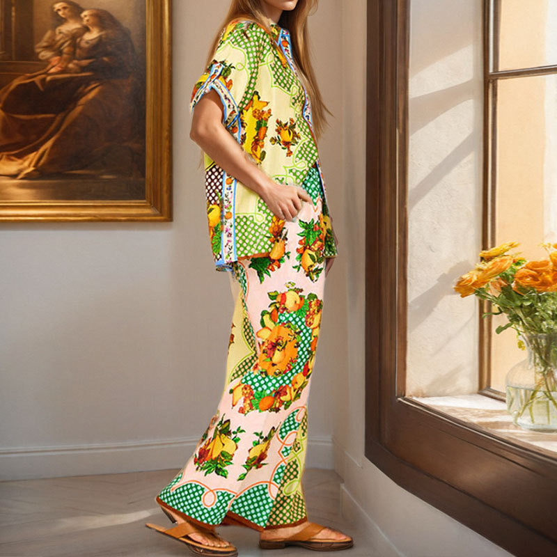 315g Weight Half Sleeve Sleeve Length Daily Women's Tropical Printing Polyester Pant Co-ord Set Pants Sets