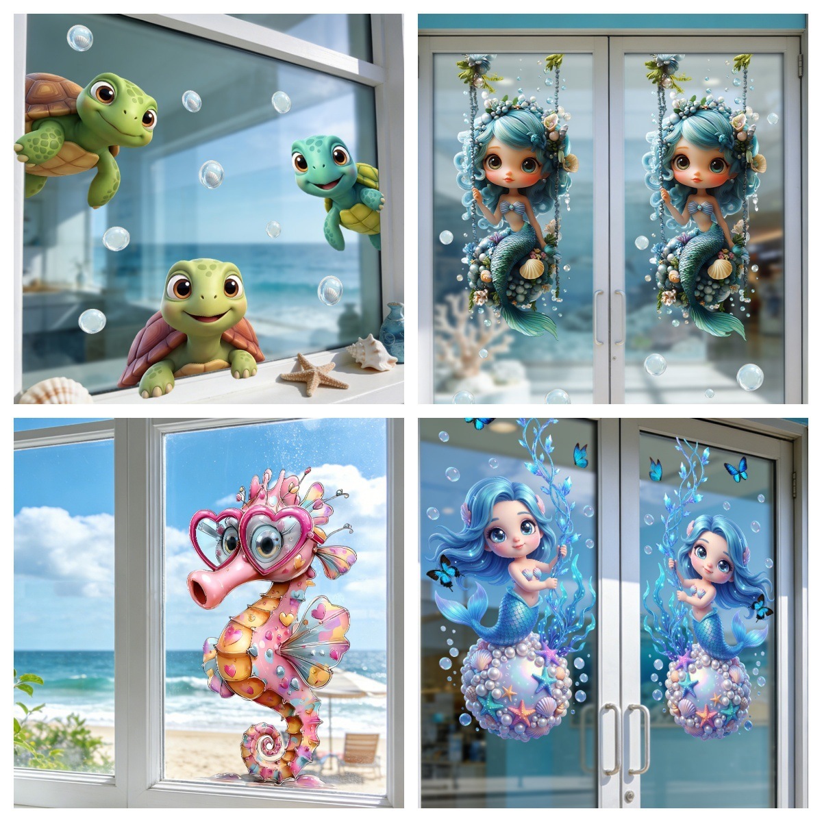 Nuevos productos de verano transfronterizos de la serie oceánica de pegatinas de vidrio transparente estática sirena tortuga flamenco pegatinas estáticas