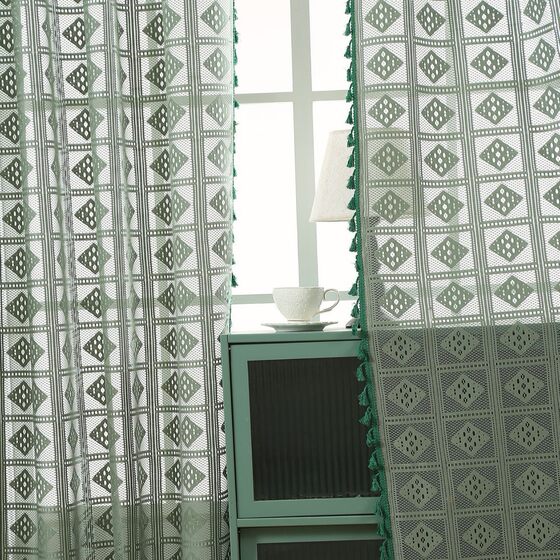 Green Retro Bay Window Curtain American Retro Living Room Bedroom Dining Room Study Green Square Floral Finished Curtain