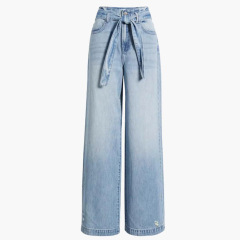 欧美外贸美式Womenjean浅蓝色弹力直筒破洞牛仔裤腰带款显瘦百搭