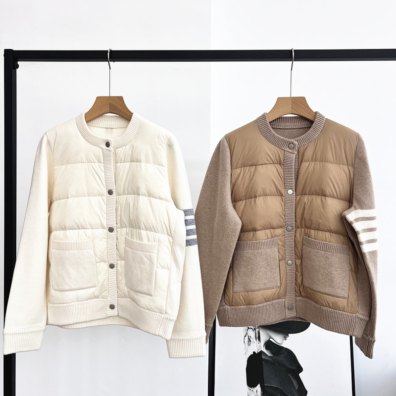 24 Autumn/Winter New Women's Cardigan Round Neck Single-Breasted Pocket Loose Knit Sweater Wool Patchwork down Jacket Coat
