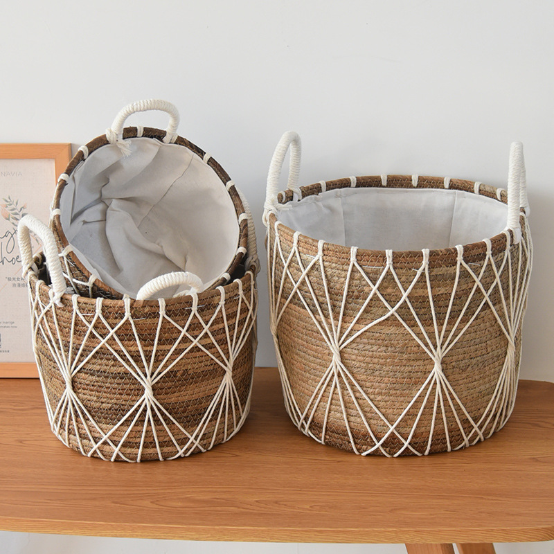 Cestas de almacenamiento de ropa sucia nórdica juguetes domésticos trenzando cestas de tela de paja con forro de tela canasta sucia decoración residencial