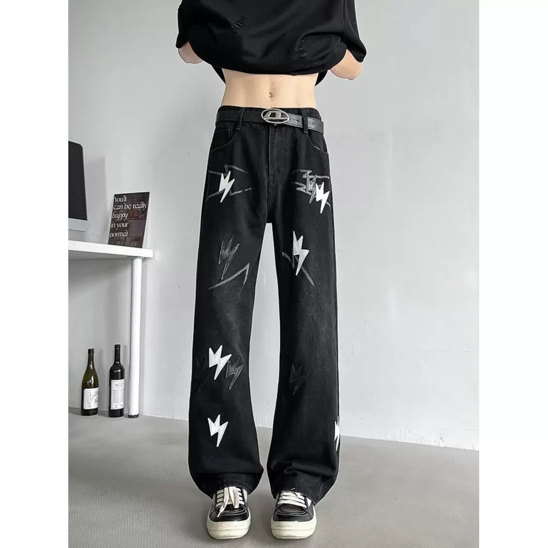 大牌美式闪电神裤女男款牛仔裤宽松直筒长裤男暗夜黑网红闪电裤子