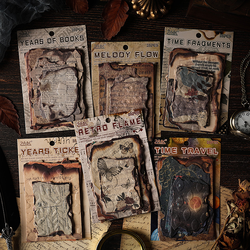 ZABC Cross-border Toppan Relief Craft Retro Brasas Serie Material Papel Retro Sombra de fuegos artificiales 6 modelos 28 hojas