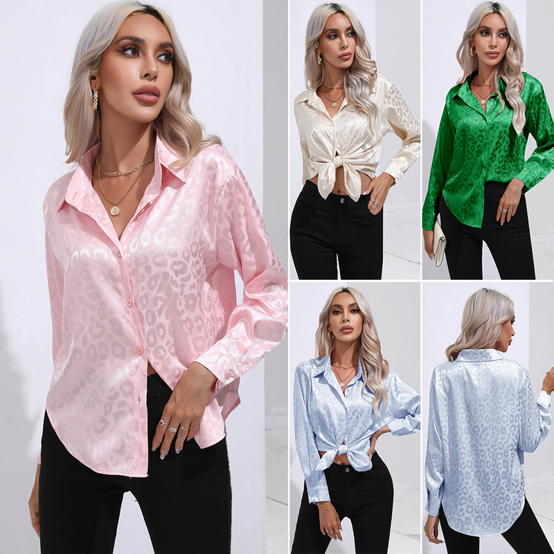 Popular Real shot leopard print satin satin silk-like long sleeve shirt new European and American Foreign trade cross-border women's clothing Popular Real shot leopard print satin satin silk-like long sleeve shirt new European and American Foreign trade cross-border women's clothing