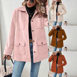 女士纯色长袖休闲毛呢风衣2025跨境外贸秋冬新款夹克立领外
