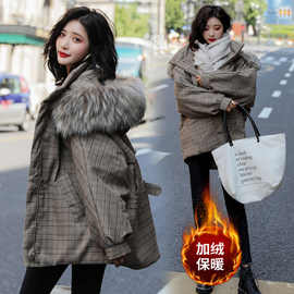 东北可穿大毛领格子棉服女中长款冬宽松棉袄学生加棉加厚棉衣外套