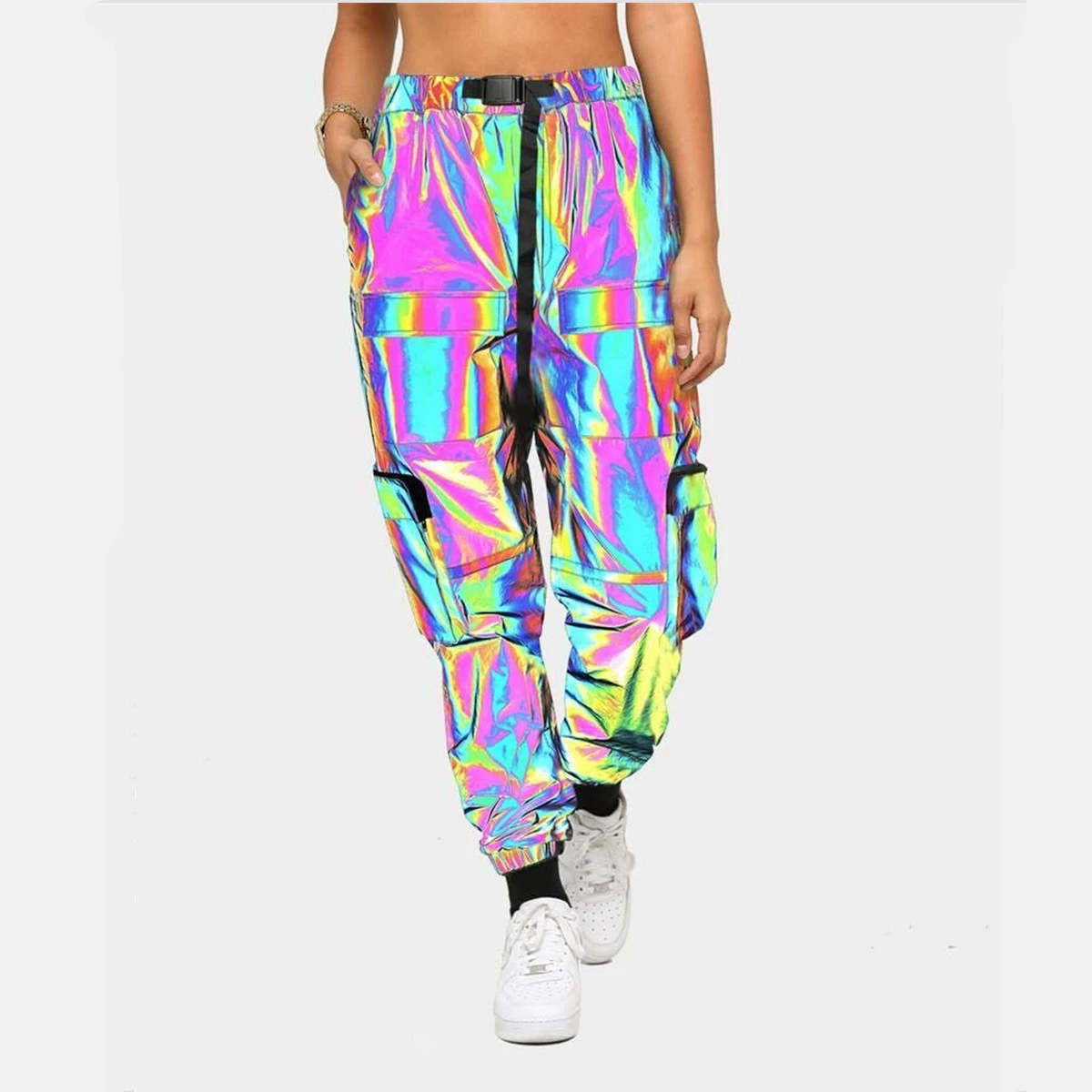 Тактические функциональные цветные светоотражающие брюки карго для женщин 2025 года, крутые светящиеся в темноте длинные брюки для ночных клубов, брюки-джоггеры в европейском и американском стиле с множеством карманов