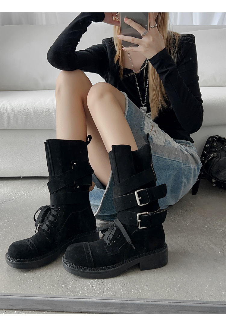 Boot cao bồi cổ trung bình da bò lộn phong cách retro, gót thấp khóa thắt lưng — đen, màu nâu sẫm, kaki chi tiết 31