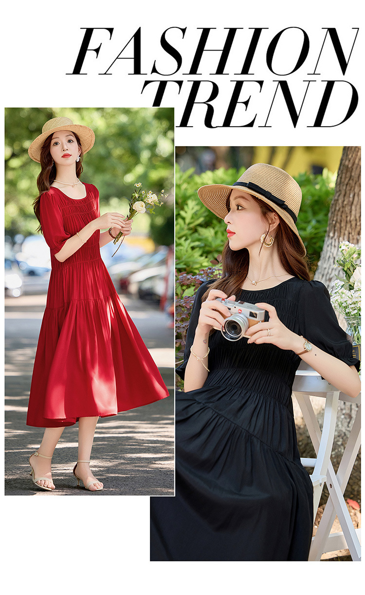 Đầm suông nữ midi che bụng eo màu trơn NI510 — Màu đen, Màu đỏ chi tiết 2