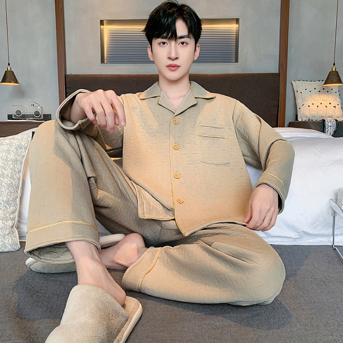 Pijama de algodón de aire para hombres primavera y otoño invierno intercalado de manga larga de algodón para jóvenes engrosados Cardigan conjunto de ropa para el hogar