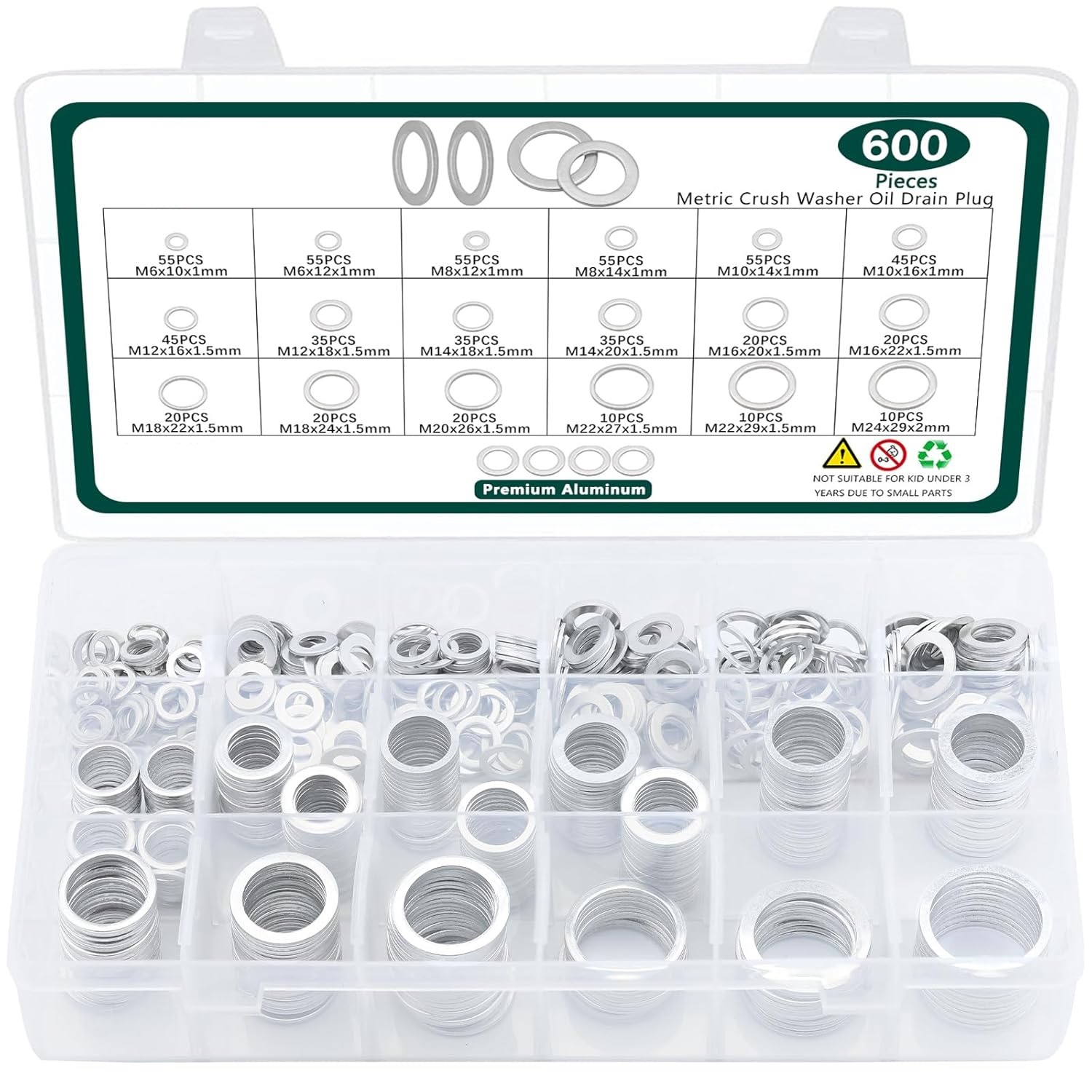 600件18 种尺寸排水塞垫片组合套件,油压垫圈,铝压碎垫圈组合套件