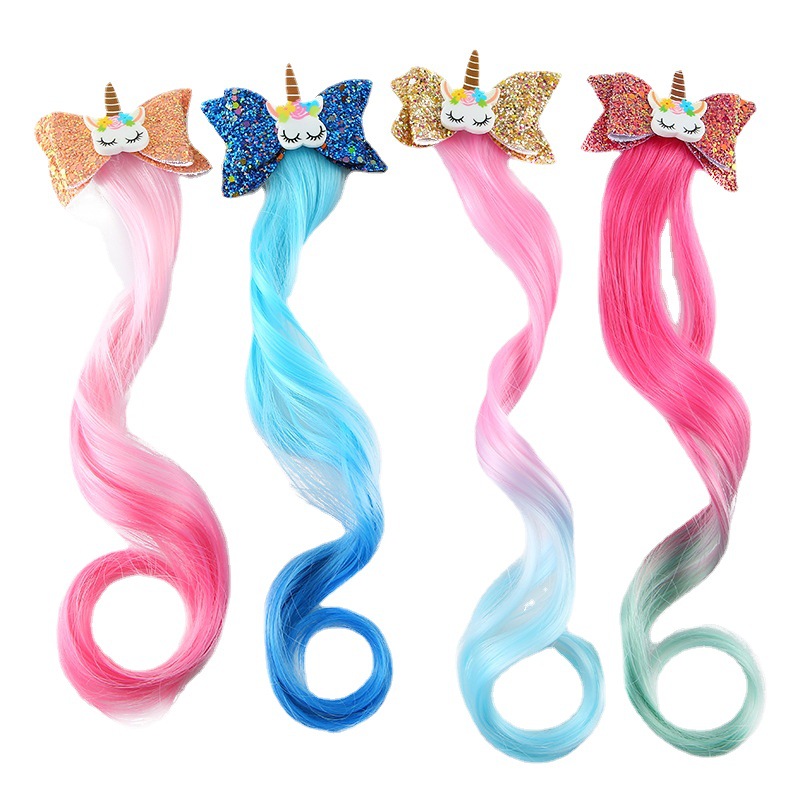 Fábrica DE LOS NIÑOS unicornio horquilla niñas arco brillante trenzado rizado peluca extensión del pelo princesa Dress Up