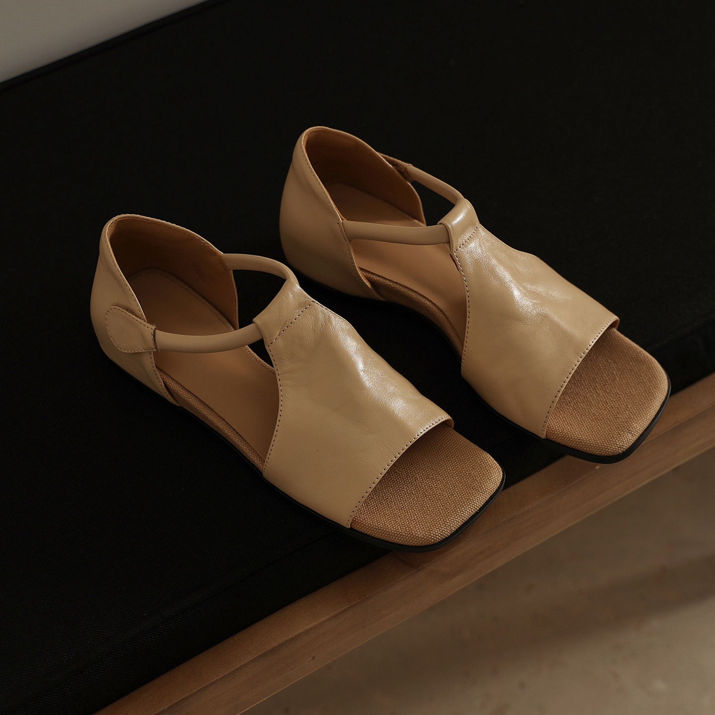 Sandal hở mũi nữ quai mảnh đế bệt mũi vuông da bò thật — đen chi tiết 18