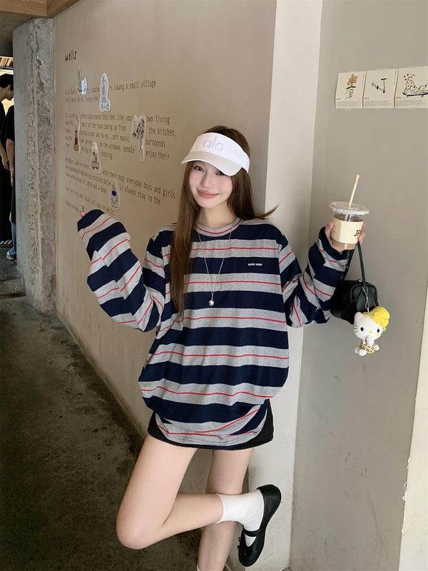 复古撞色条纹圆领长袖T恤女早秋慵懒风美式宽松小众独特休闲上衣|undefined
