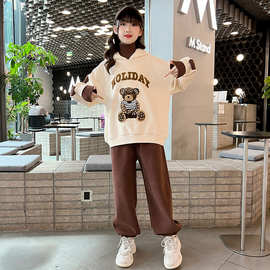 女童秋冬2024新款中大童小熊字母加绒卫衣两件套韩版时髦儿童套装