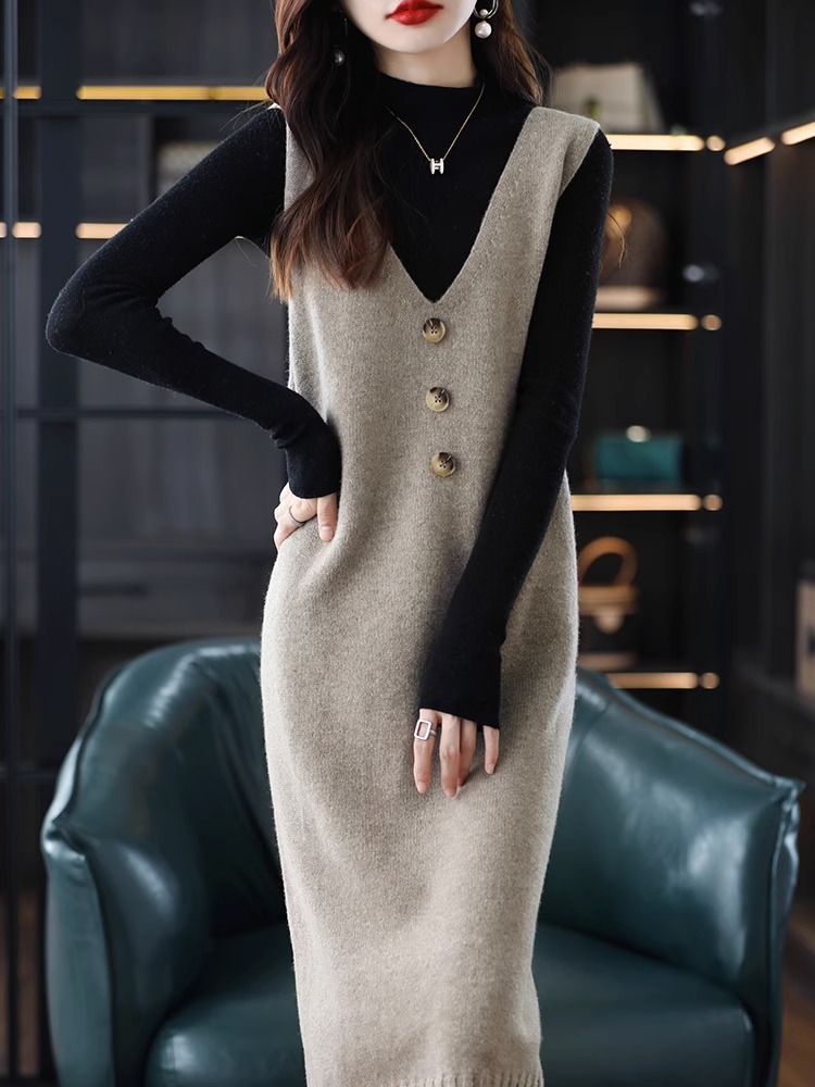 Chaleco de punto chaleco falda ropa exterior para mujer primavera y otoño 2024 nuevo vestido de suéter sin mangas suelto sobre la rodilla image 8