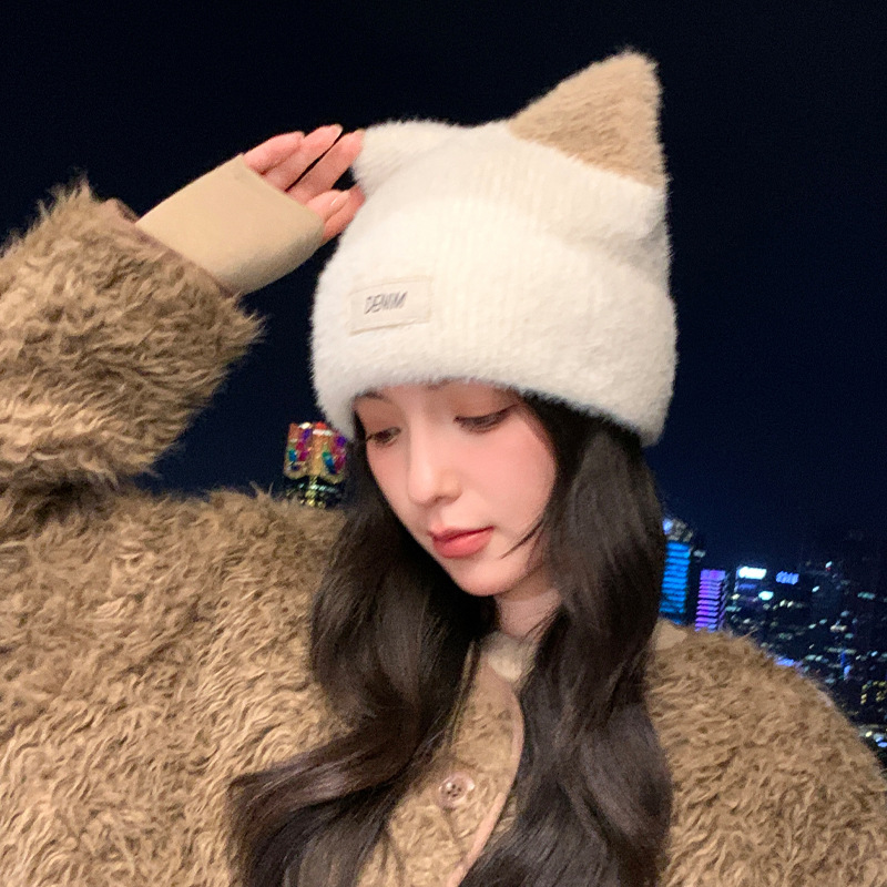 冬天帽子女可爱甜酷风猫耳朵针织帽防风保暖护耳包头帽拼色百搭帽|undefined