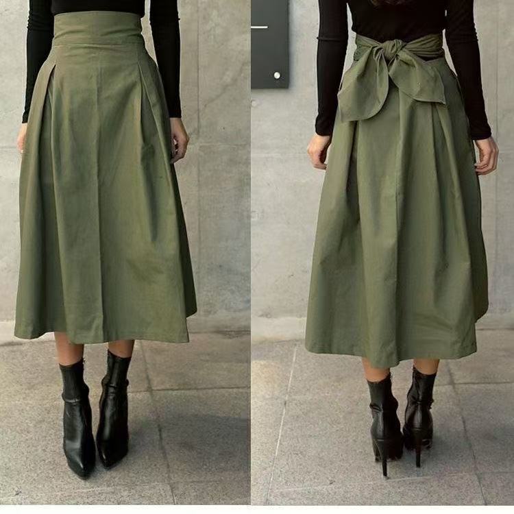 2025 Spring and Summer High Waist Half-length Skirt Bow Tie Belt Slim-fit Large Swing Skirt Mid-length A- line Pengtu Skirt for Women 2025 Spring and Summer High Waist Half-length Skirt Bow Tie Belt Slim-fit Large Swing Skirt Mid-length A- line Pengtu Skirt for Women