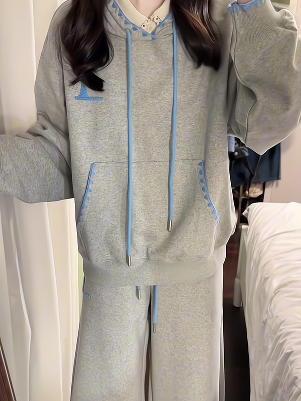 网红OOTD运动服套装女秋冬季慵懒风宽松连帽卫衣休闲阔腿裤两件套|undefined