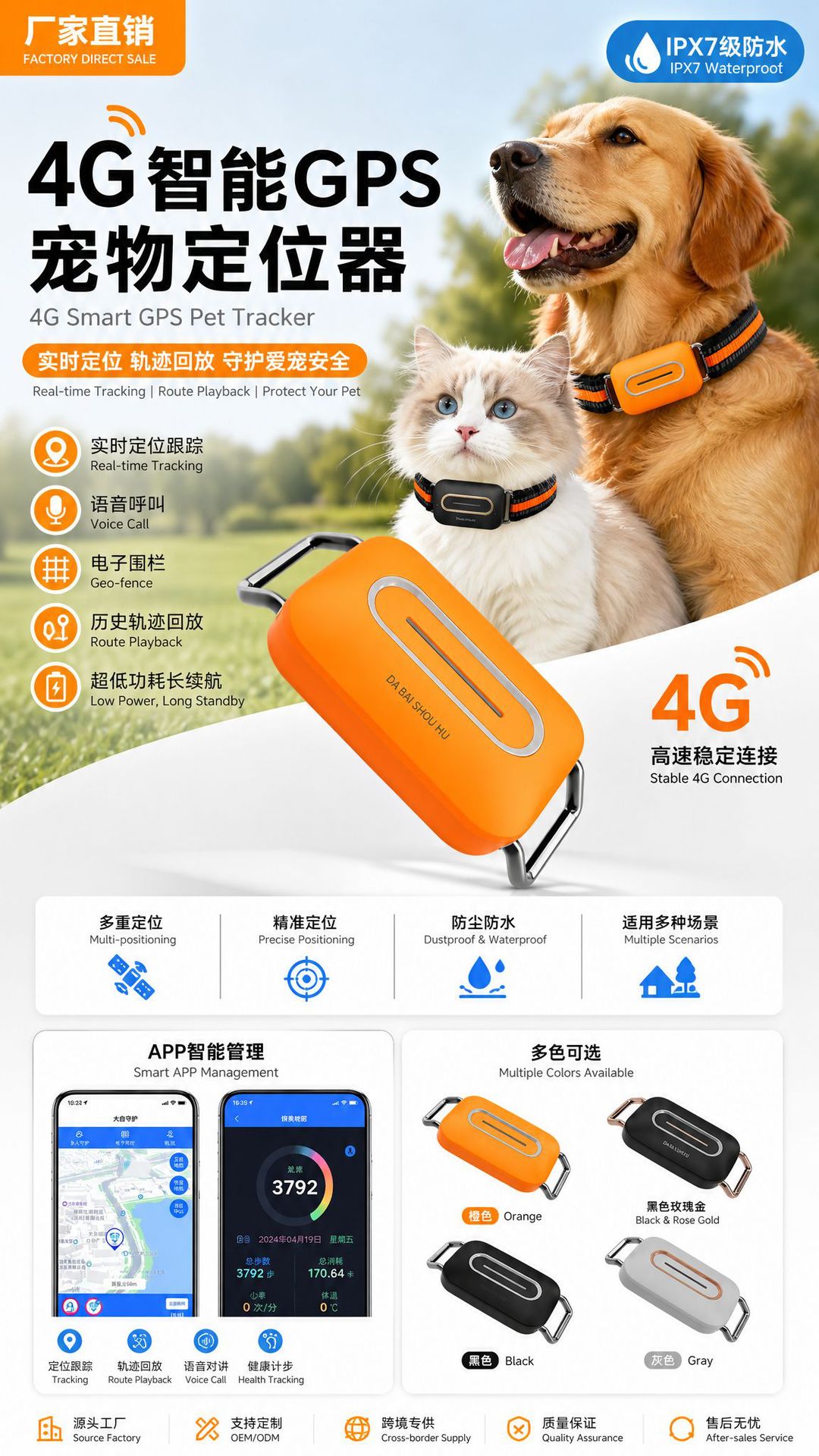 Smart GPS tracker for pets, anti-lost 4G tracker for medium and large dogs, waterproof collar tracker