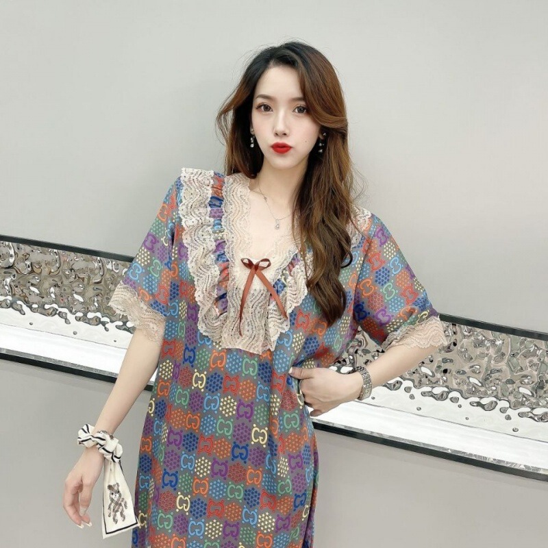 Ice silk nightdress for Women summer thin sexy short-sleeved printed pajamas artificial silk plus size loose maternity homewear