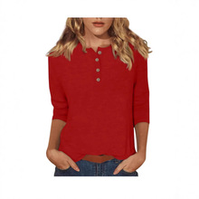 2025跨境亚马逊女士时尚休闲七分袖纯色纽扣圆领T恤上衣