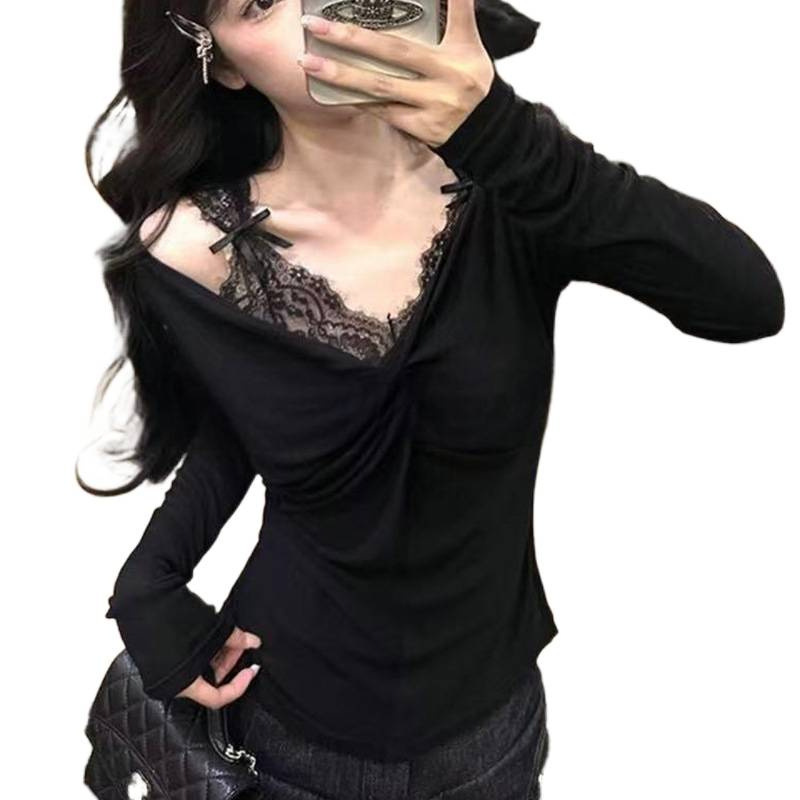 十三行小香风扭结V领纯欲风蕾丝花边T恤女高级感紧身显瘦上衣|undefined