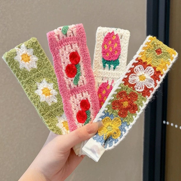 Knitted Velcro hair band for women, forehead bangs hair organizer, French floral face-washing headband