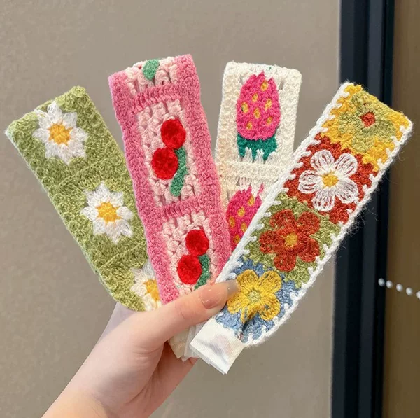 Knitted Velcro hair band for women, forehead bangs hair organizer, French floral face-washing headband
