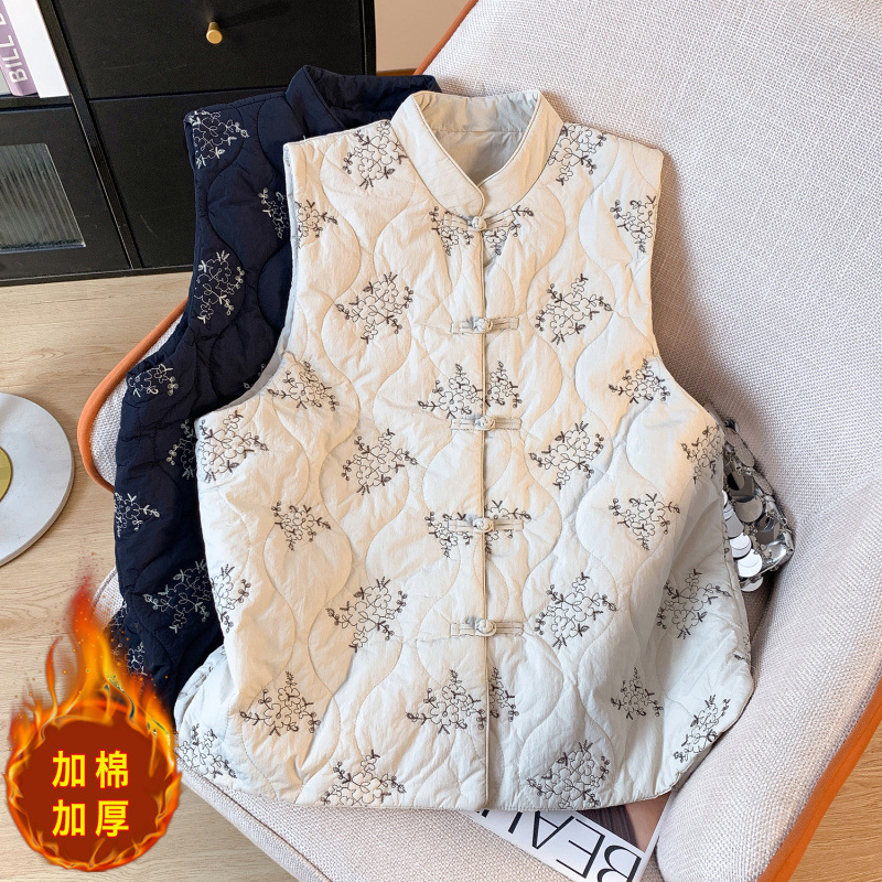 리얼 샷 헤비 자수 면화 패딩 재킷 조끼 여성 겨울 레트로 새로운 중국 스타일 겨울 왁스 코트 따뜻한 재킷