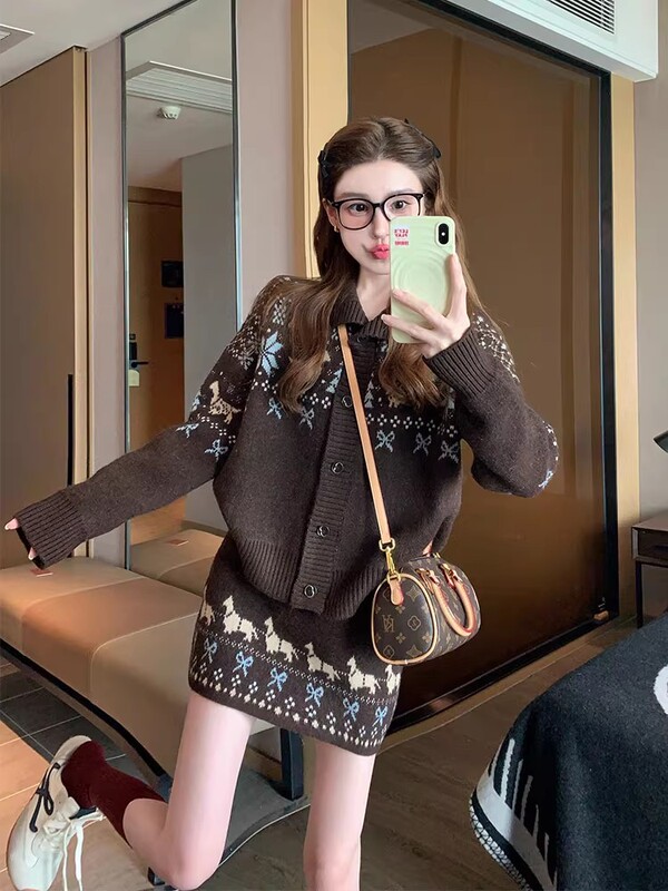 复古咖色提花毛衣套装女2025新款秋冬季港味chic慵懒半身裙两件套|undefined