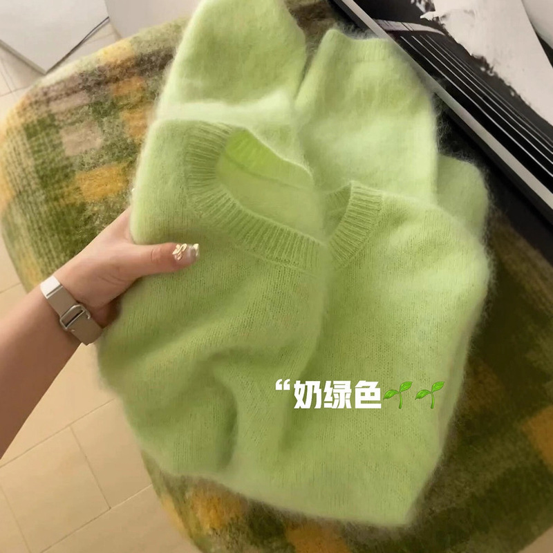 Milk Green Mohair Soft Waxy Knitwear Women's Milk Fufu Autum New Lazy Round Neck Pullover Knitwear Top Trendy