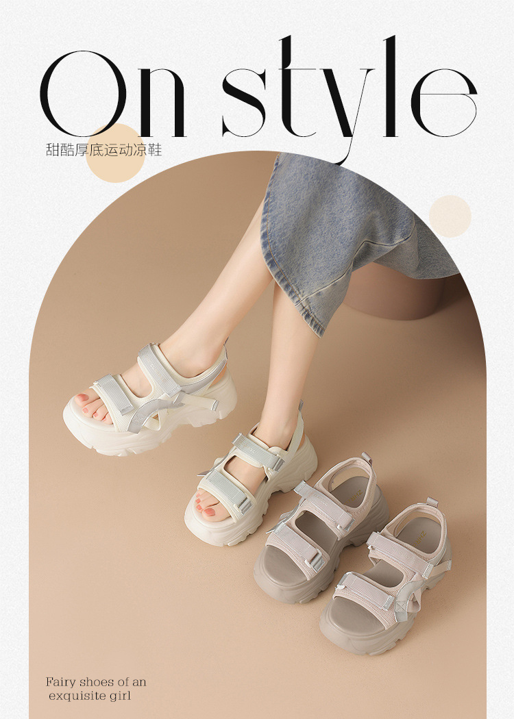Sandal đi biển nữ thể thao quai dán chống trượt đế tăng chiều cao — G693 màu be chi tiết 3
