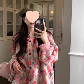 胖感超好看慵懒风毛衣女秋冬新款大码甜美花朵粉色针织外套