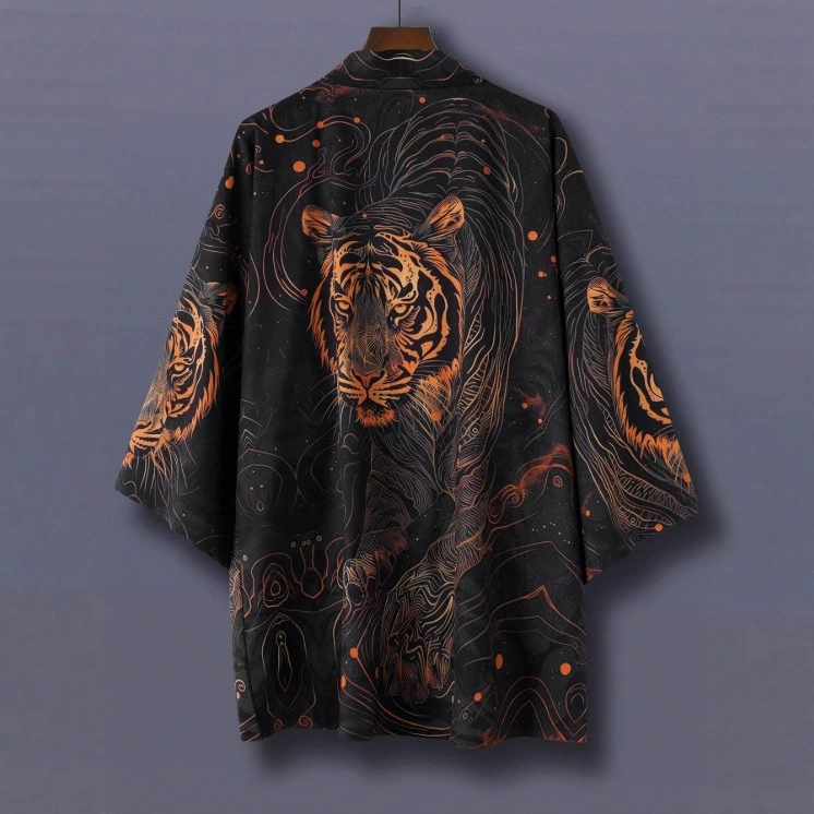 Кимоно хаори, кардиган, пара, верхняя тонкая куртка, европейская и американская уличная модная крутая свободная рубашка с принтом головы тигра, тонкая куртка