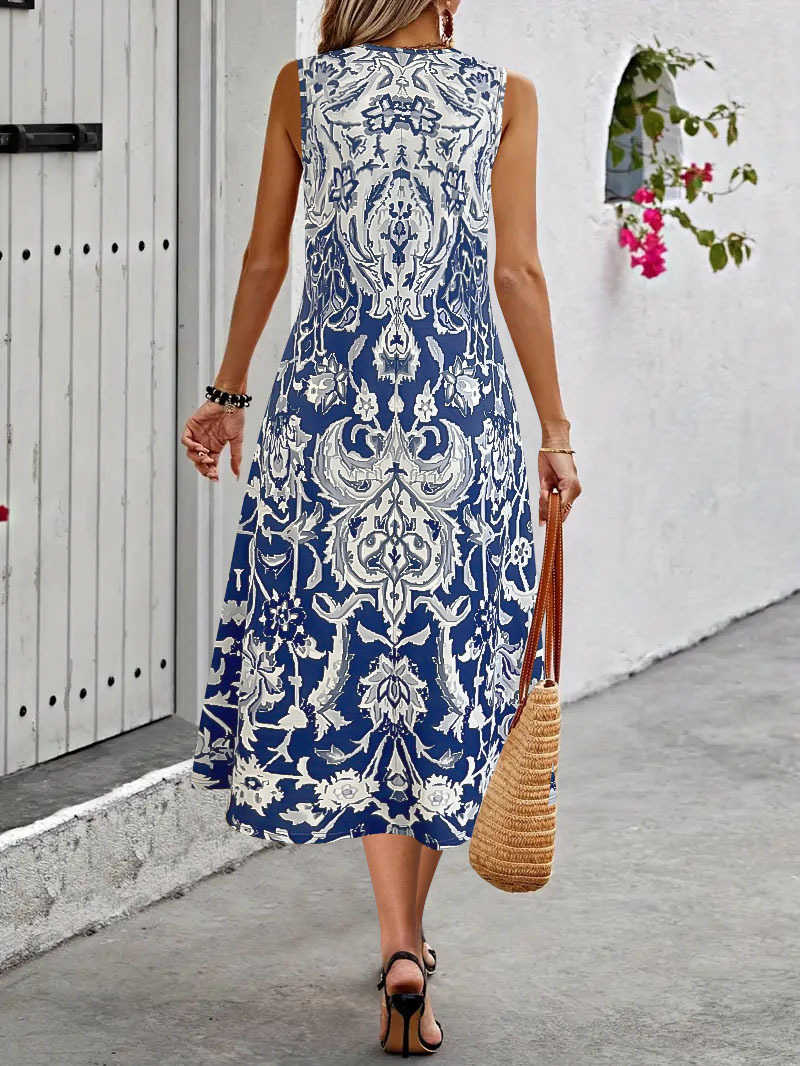 2025 Cross-Border Foreign Trade Bohemian Printed For Women, Summer Fashionable Elegant Round Neck Sleeveless Long Dress_ecoleips.com