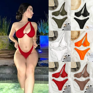 亚马逊2026跨境欧美多色温泉分体泳衣女款性感单肩钢托比基尼泳装