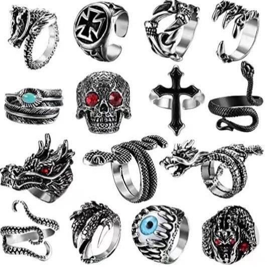 Retro Adjustable Ring Set, Punk Style, Alloy Electroplated, 16-Piece Mix (Adjustable)