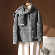 2025秋冬短款宽松韩版双面羊绒大衣带围巾毛呢外套小个子羊毛大衣